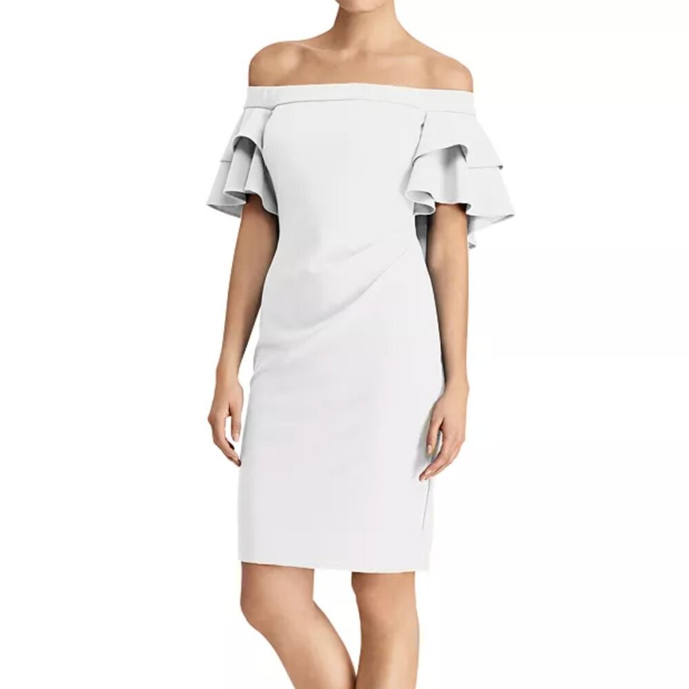 Lauren Ralph Lauren Ruffled Off-the-Shoulder‎ Crepe Dress, SZ 10,  Chic Creme